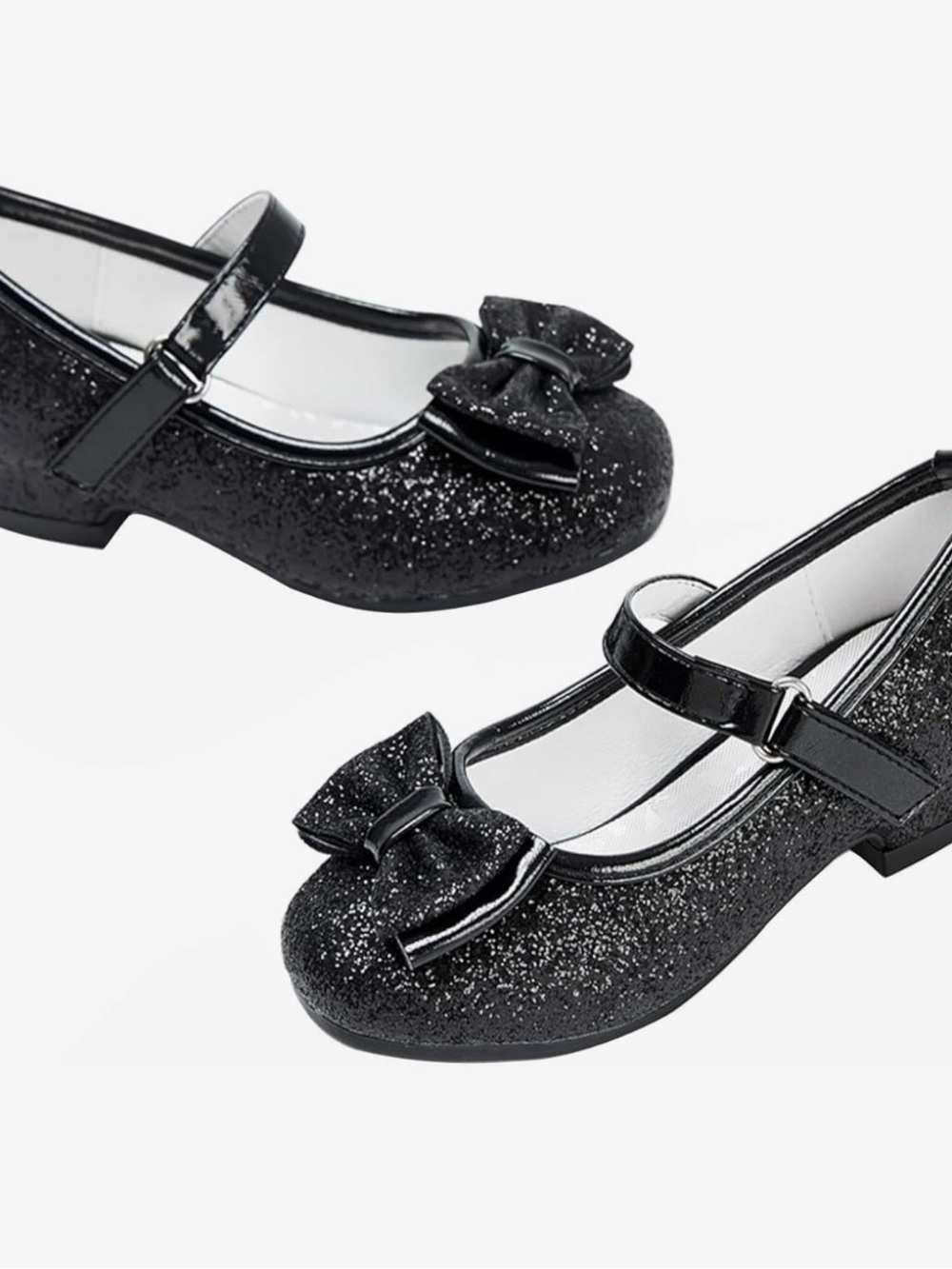 Girls Black Glitter Mary Jane Dress Shoes with Bow Accent